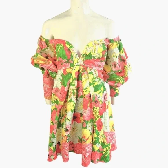 ASOS EDITION OFF SHOULDER MINI DRESS FLORAL PRINTS BALLOON SLEEVE BABYDOLL DRESS - Picture 3 of 17